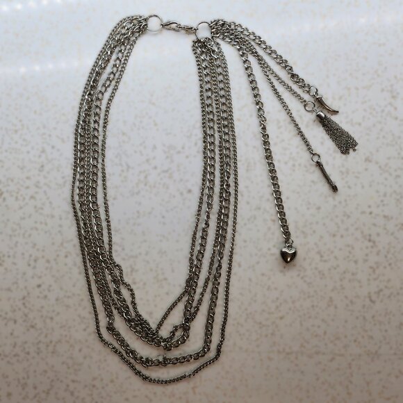 BFD-Silver toned Multi Strand Necklace with Heart Charm - Picture 3 of 6